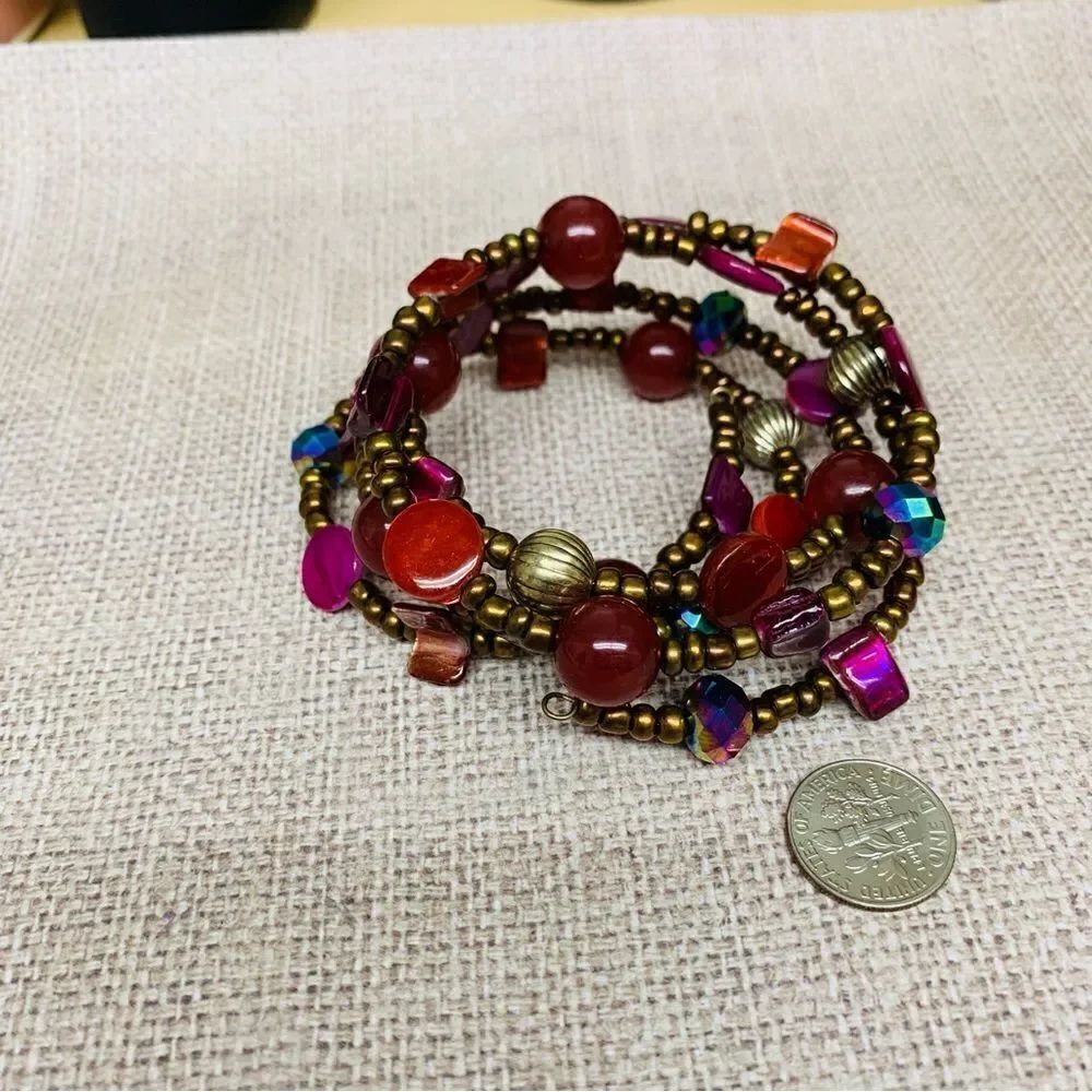 Glass Bead Red Purple Gold Memory Wire Bracelet